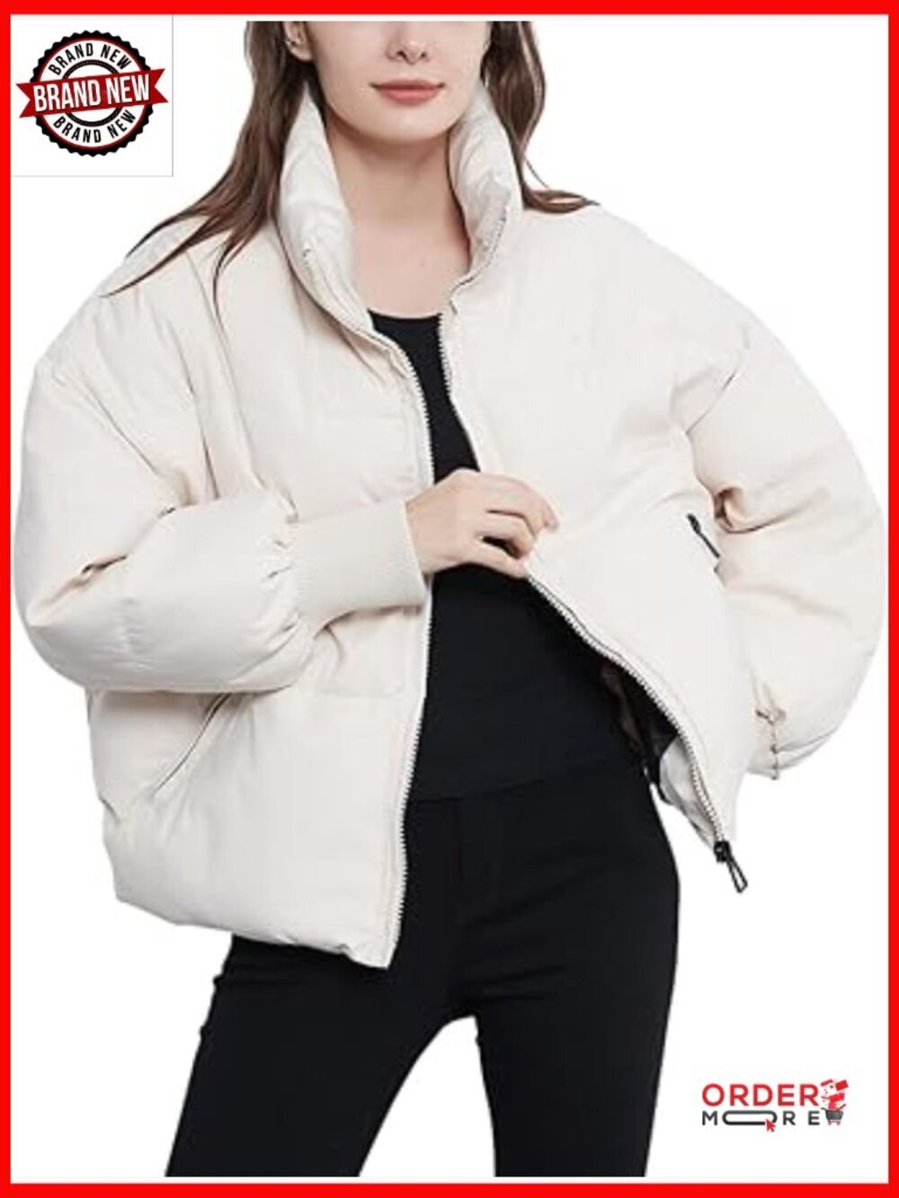 Winter Cropped Puffer Jacket Short Quilted Coat Zippered Pockets Stand Collar